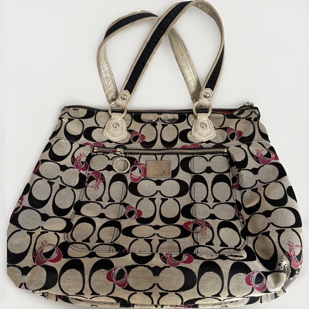 Coach Poppy Signature Hearts Glam Tote Bag Black Gray Pink 18711 AS IS Read